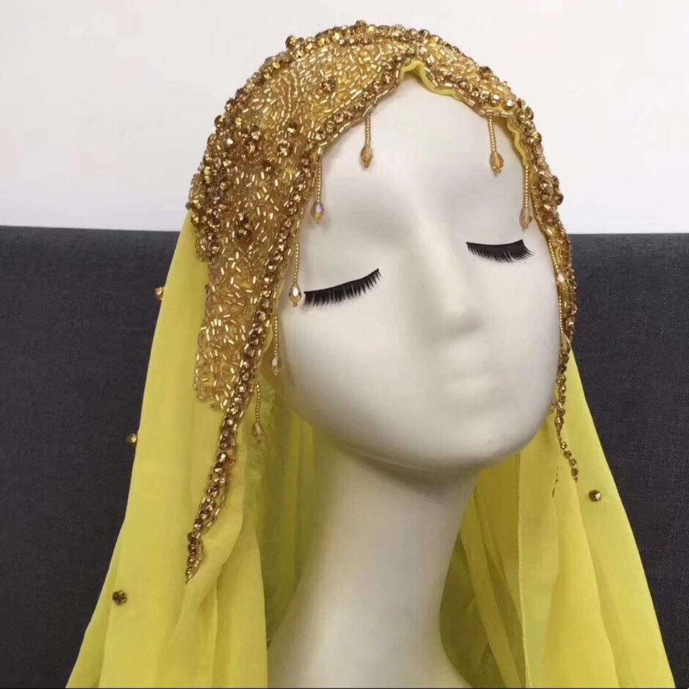 Hijab Beaded Hijab Beaded Head Wrapper in Yellow